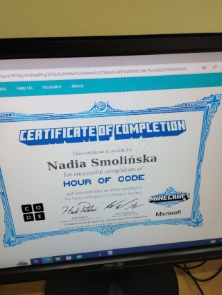 uzyskany certyfikat przez uczennicę