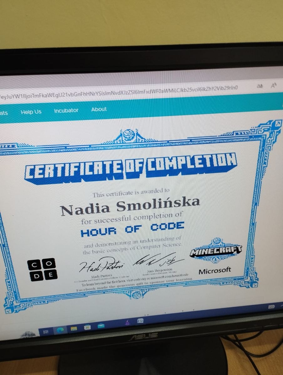 uzyskany certyfikat przez uczennicę